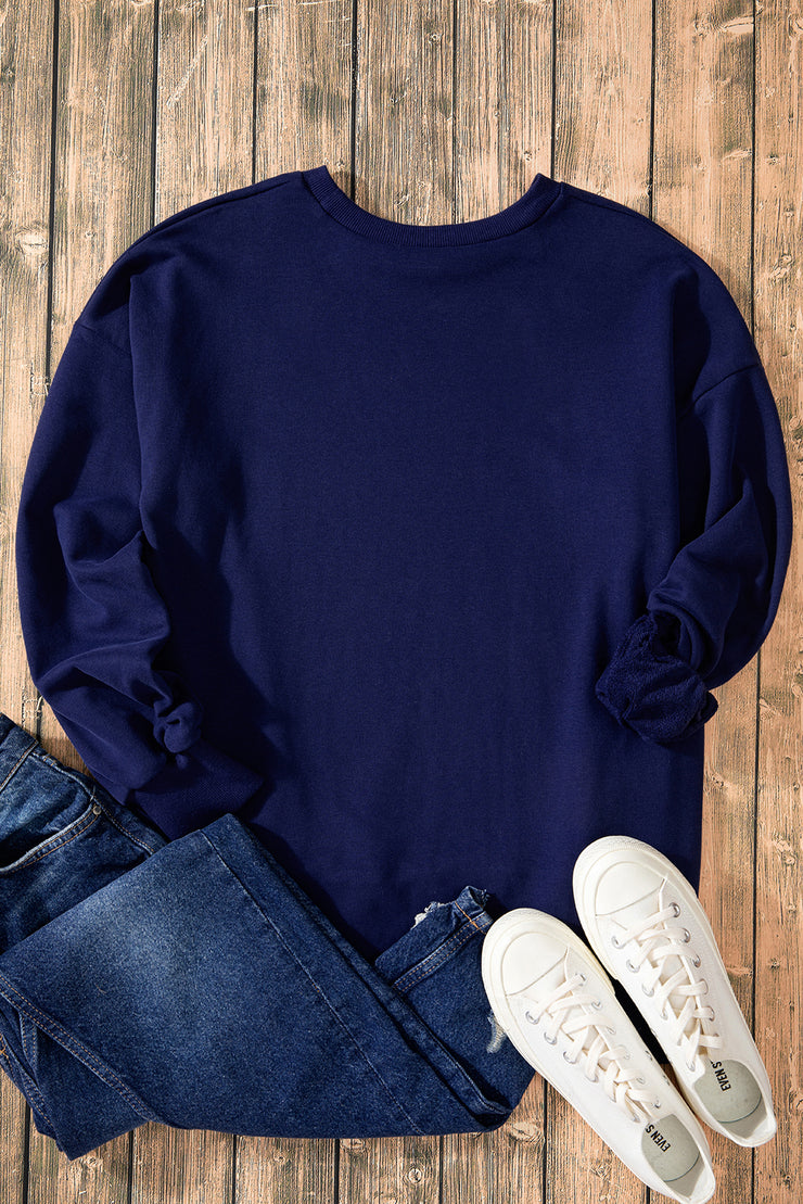 Navy Blue Solid O Neck High Low Hem Pullover Sweatshirt