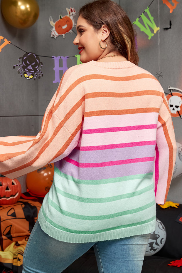 Pink Stripe Color Block Balloon Sleeve Crewneck Plus Size Sweater