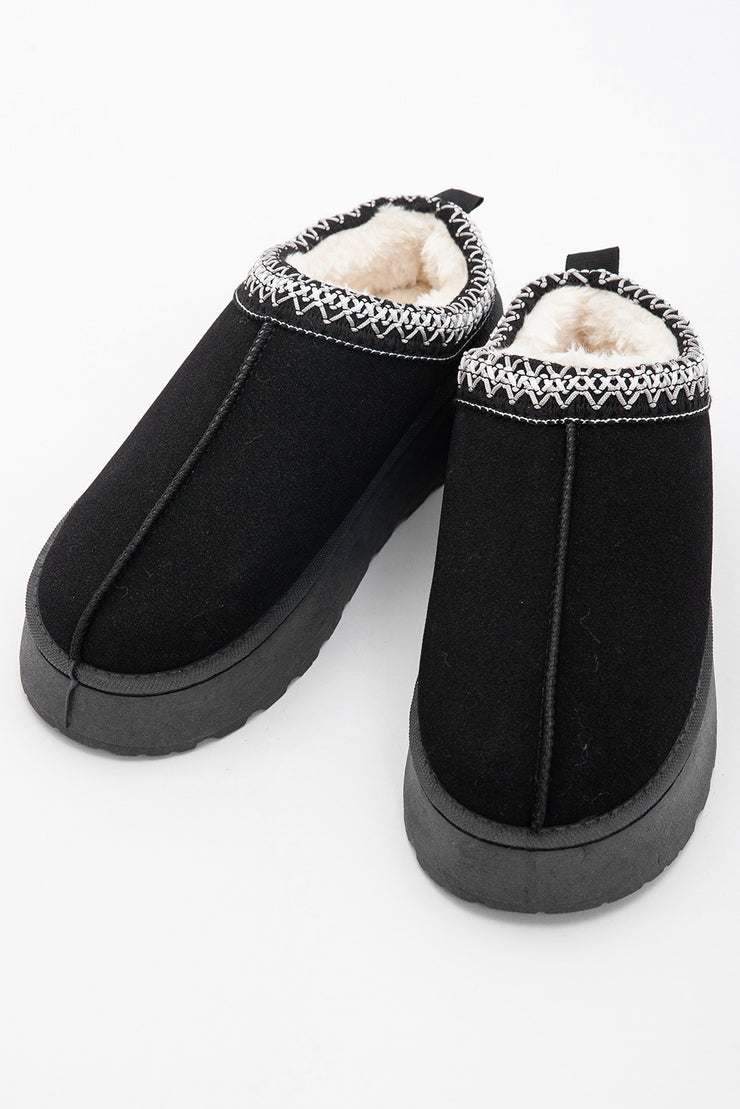 Black Suede Contrast Print Round Toe Slippers