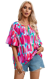 Rose Abstract Brushwork Print Buttoned V Neck Blouse