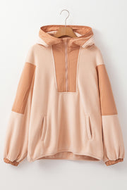 Light French Beige Colorblock Patchwork Half Zip Oversized Sherpa Hoodie