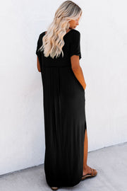 Black V Neck Hidden Pocket Splits Maxi T-shirt Dress