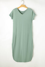 Grass Green V Neck Hidden Pocket Splits Maxi T-shirt Dress