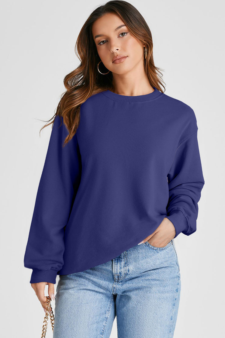 Navy Blue Plain Drop Shoulder Crewneck Pullover Sweatshirt