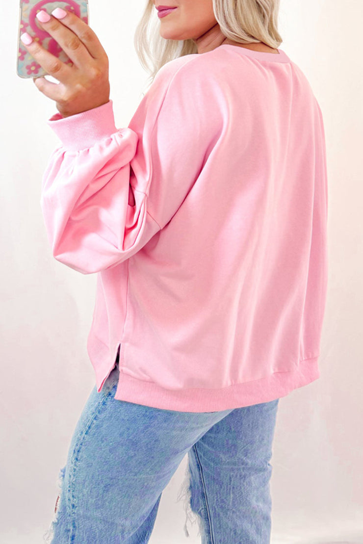 Light Pink Embroidered Bow Lantern Sleeve Oversized Pullover Sweatshirt