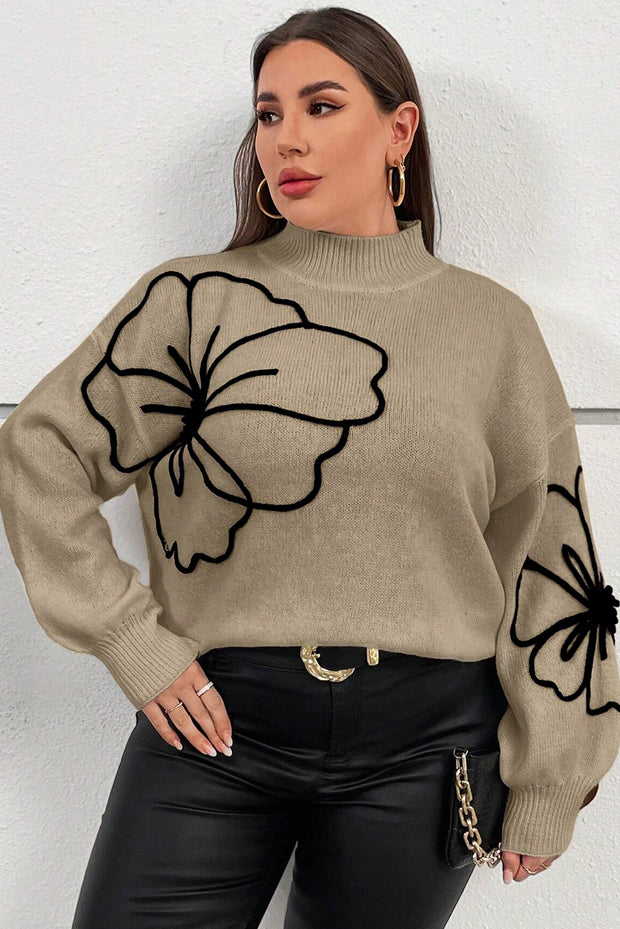 Dark Khaki Plus Size Big Flower Pattern High Neck Drop Shoulder Sweater