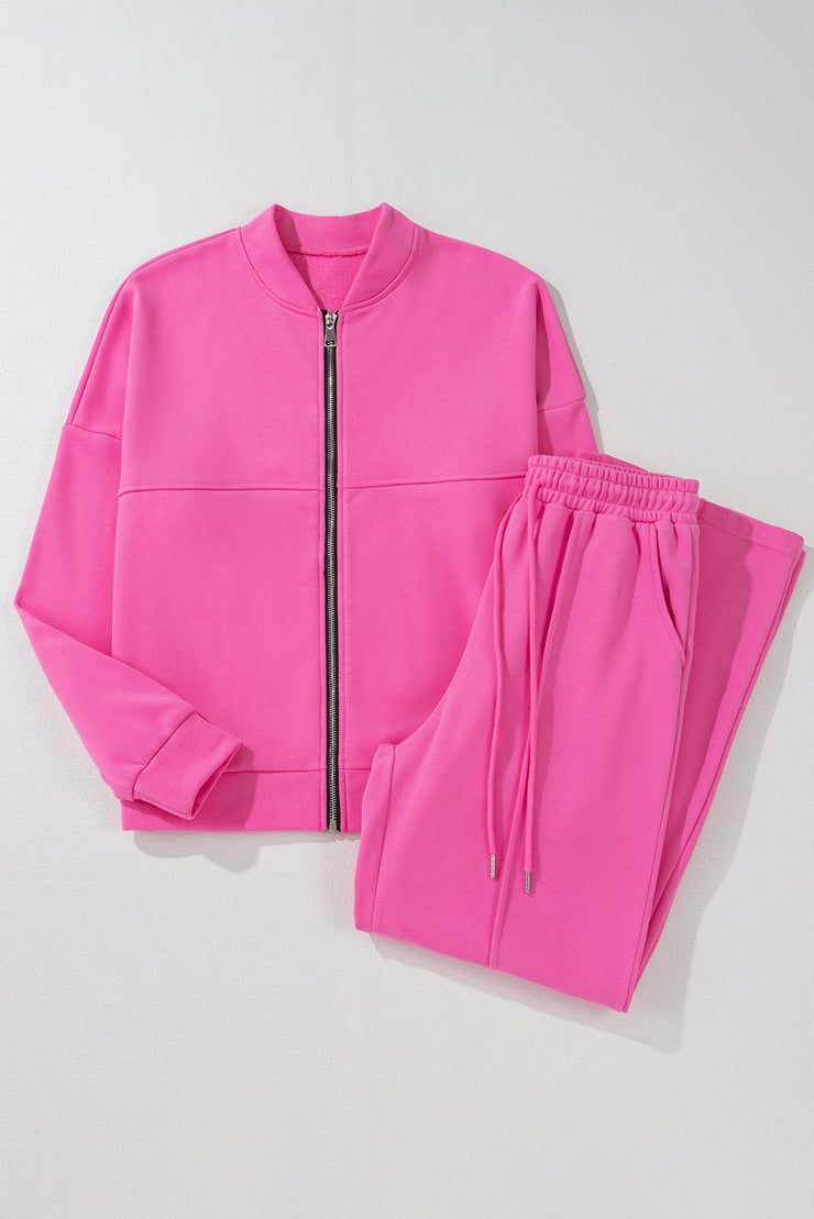 Bright Pink Solid Seamed Zipper Jacket and Drawstring Waist Pants Set