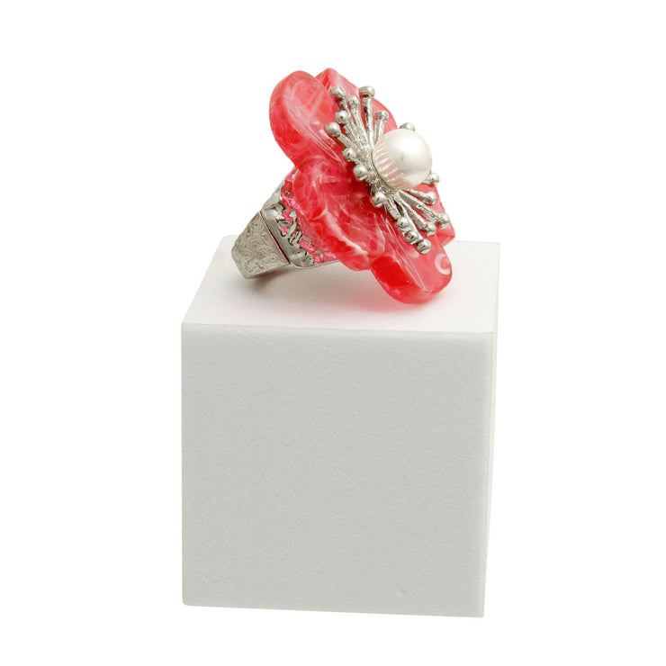 Marbled Red Flower Silver Ring