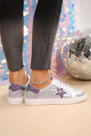 Silvery Star Sequin Patchwork Criss Cross Lace Up Sneakers