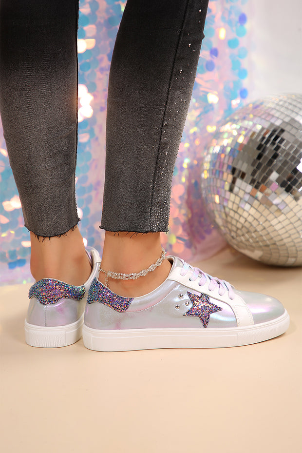 Silvery Star Sequin Patchwork Criss Cross Lace Up Sneakers