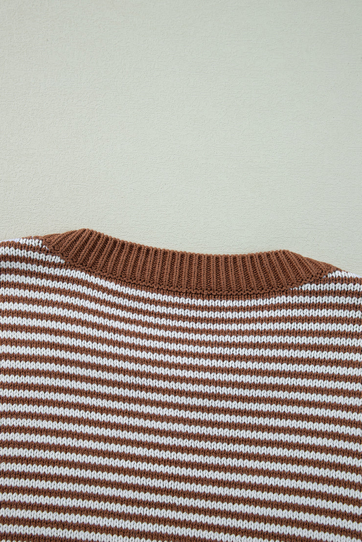 Brown Stripe Geometric Textured Drop Shoulder Sweater