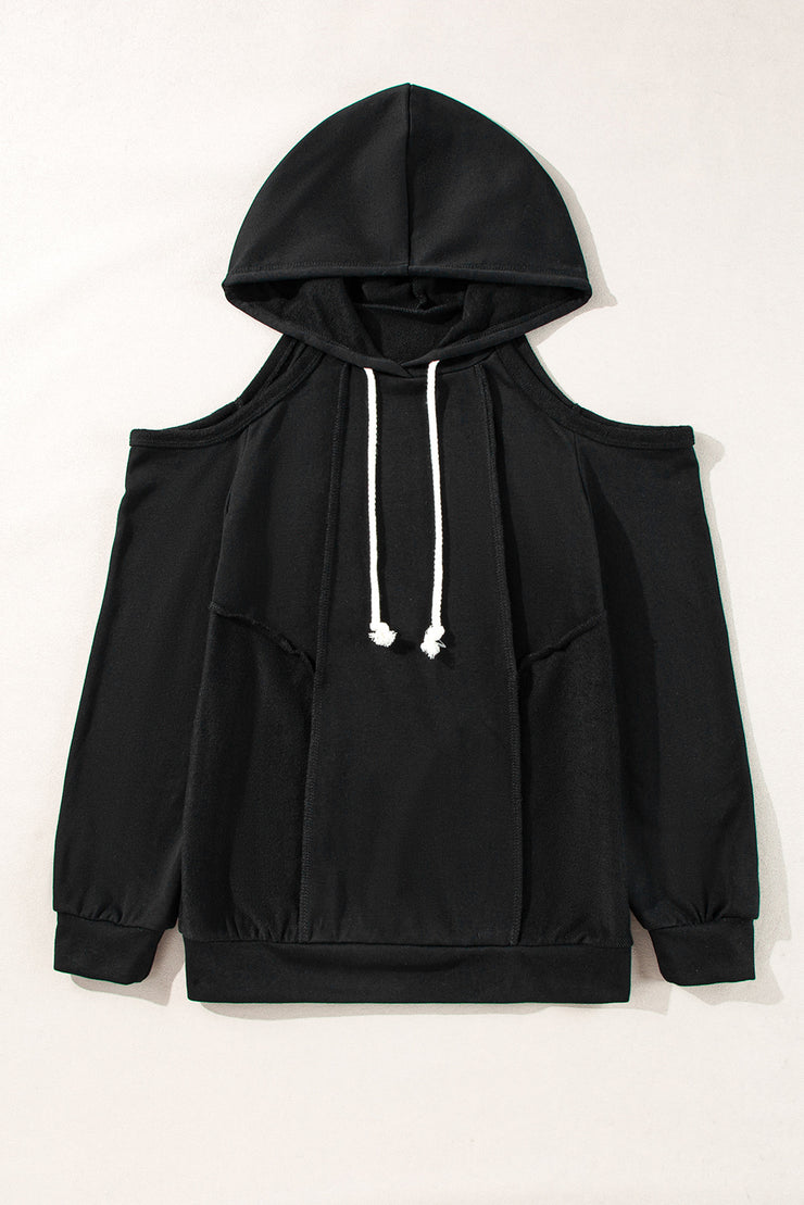 Black Exposed Seam Cold Shoulder Drawstring Hoodie