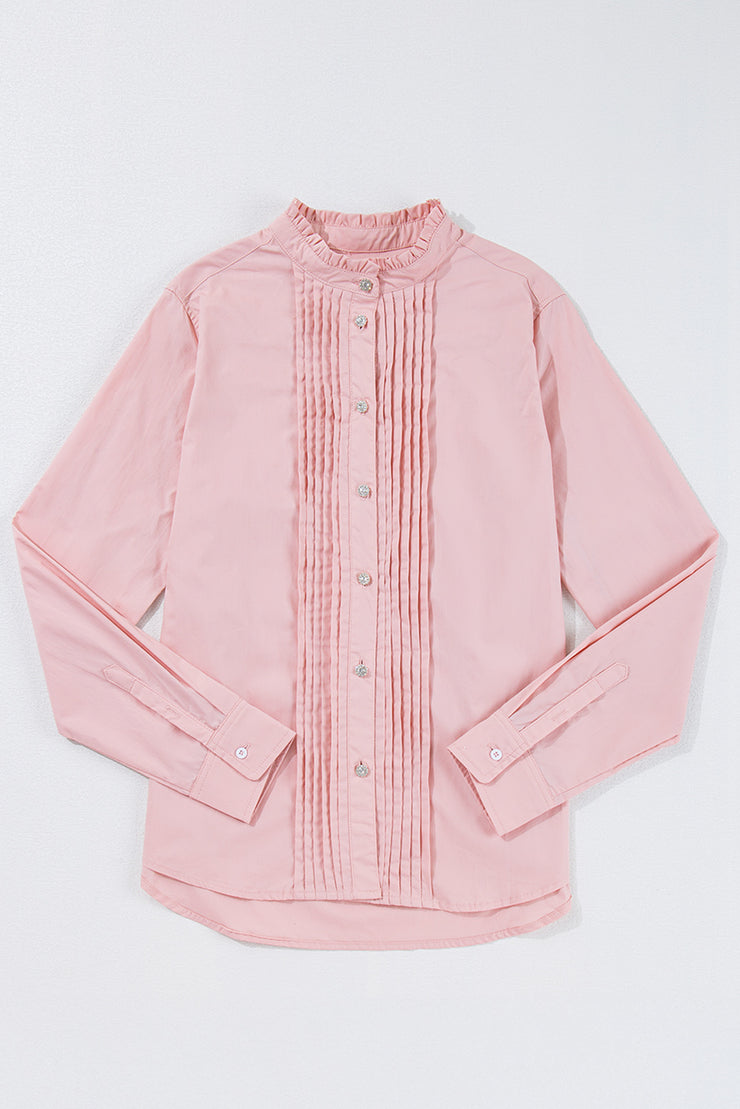 Light Pink Pleated Button-Up Loose Fit Casual Shirt