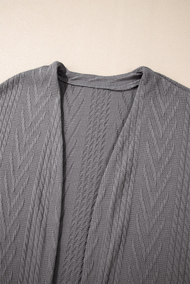 Medium Grey Solid Textured Open Front Cardigan with Pocket