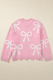 Pink Pearl Beaded Bowknot Pattern Distressed Split Hem Sweater