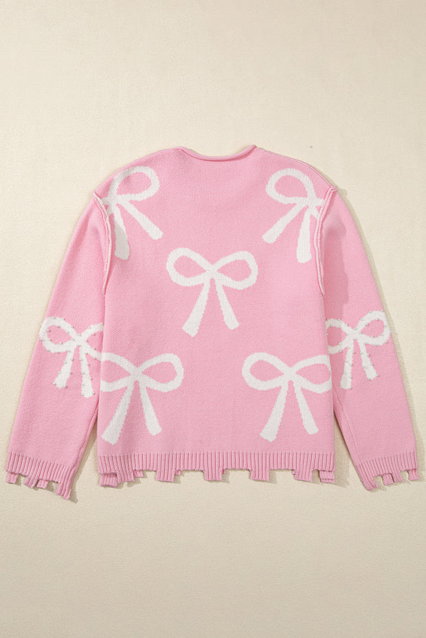 Pink Pearl Beaded Bowknot Pattern Distressed Split Hem Sweater