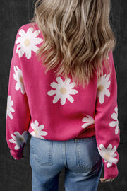 Bright Pink Daisy Flower Crew Neck Long Sleeve Sweater