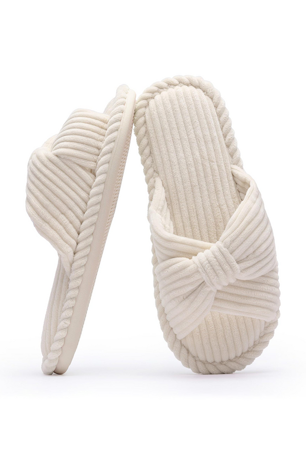 Beige Ribbed Texture Bowknot Winter Slippers