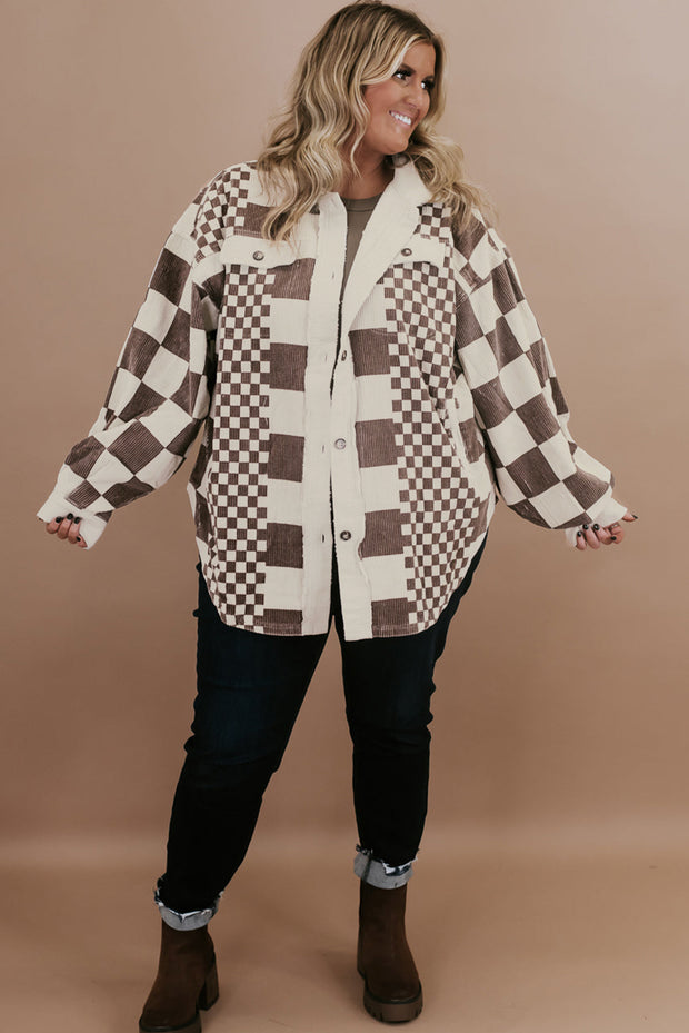 Brown Color Block Checkered Print Corduroy Plus Size Shacket