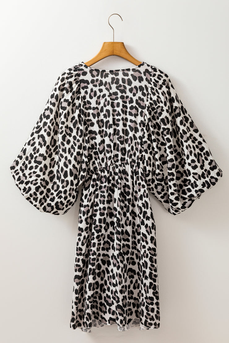 Black Leopard Print Elasticated V Neck 3/4 Puff Sleeve Dress