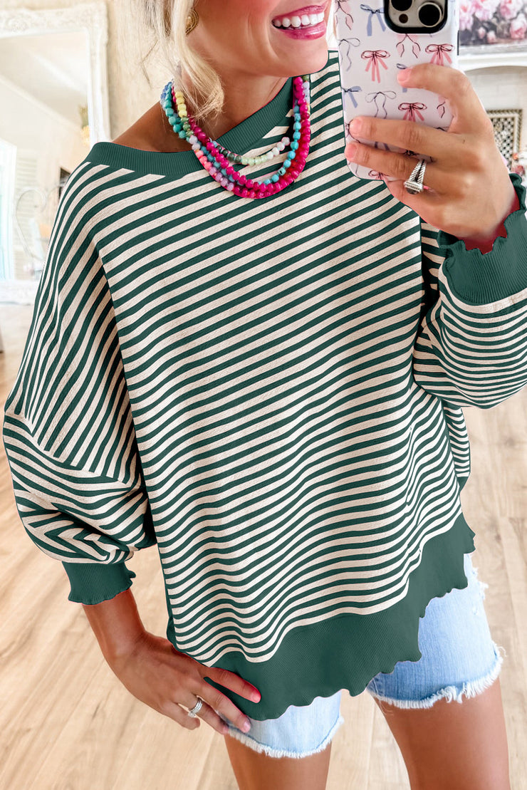 Green Stripe Loose Drop Shoulder Long Sleeve Top