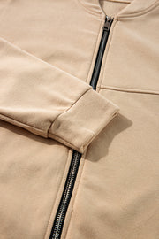 Apricot Solid Seamed Zipper Jacket and Drawstring Waist Pants Set