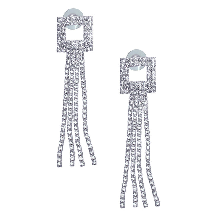 Silver Square Rhinestone Fringe Earrings