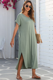 Grass Green V Neck Hidden Pocket Splits Maxi T-shirt Dress