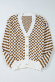 Brown Checkered Striped Patched Buttoned V Neck Cardigan