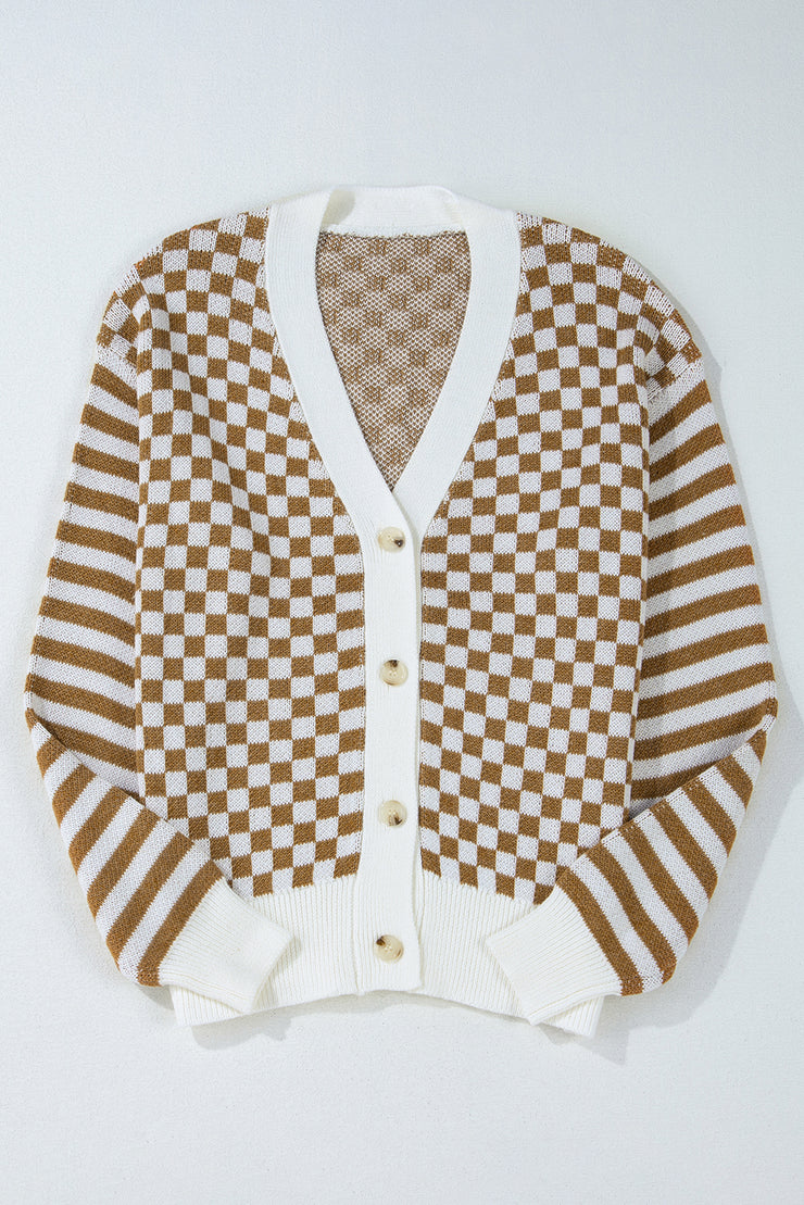 Brown Checkered Striped Patched Buttoned V Neck Cardigan