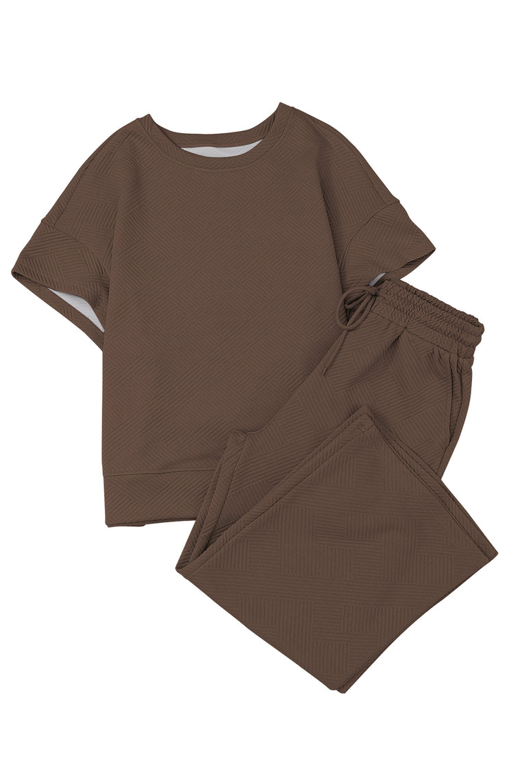 Brown Textured Loose Fit T Shirt and Drawstring Pants Set