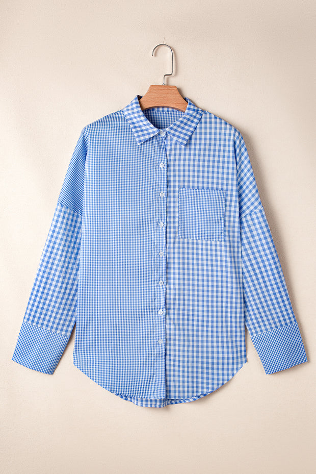 Sky Blue Stripe Plaid Patchwork Button up Long Sleeve Shirt