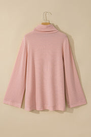 Pink Stripe Cowl Neck Side Slits Loose Fit Long Sleeve Top