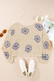 Beige Contrast Flower Print Eyelet Drop Shoulder Sweater