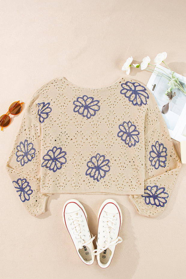 Beige Contrast Flower Print Eyelet Drop Shoulder Sweater