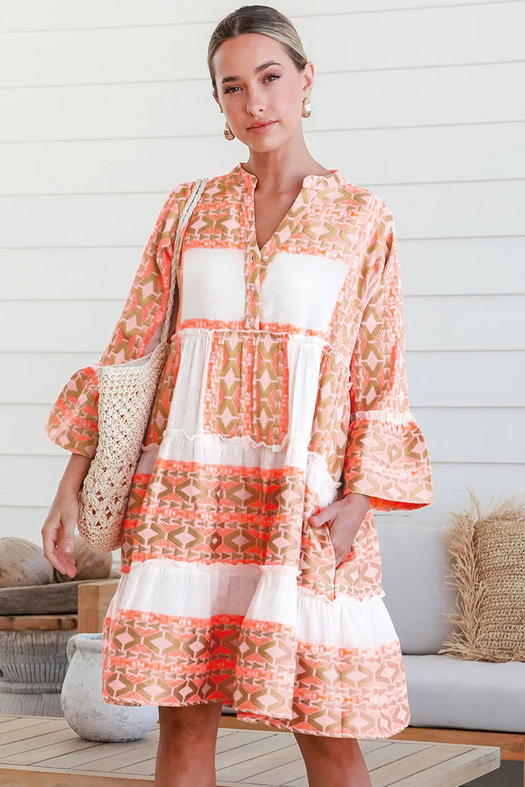 Orange Geometric Print Ruffle Tiered Button V Neck Dress