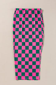 Rose Checkered Print Side Slit High Waist Midi Skirt