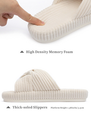 Beige Ribbed Texture Bowknot Winter Slippers