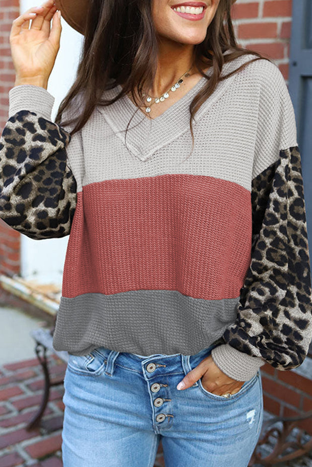 Fiery Red Wild Leopard Contrast Sleeve Colorblock Waffle Knit Top