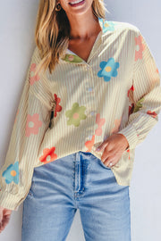 Apricot Stripe Flower Print Collared Button-up Loose Fit Shirt