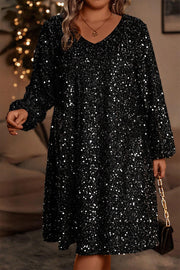 Color black Plus Size Bubble Sleeve V Neck Sequin Dress