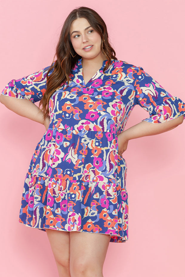 Blue Plus Size Floral Print Ruffled 3/4 Sleeve Mini Dress