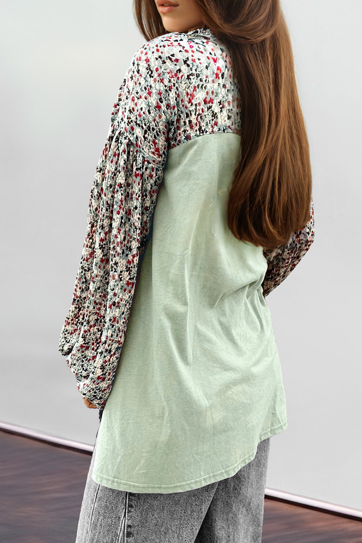 Meadow Mist Green Contrast Printed Bubble Sleeve Henley Loose Top with Slits