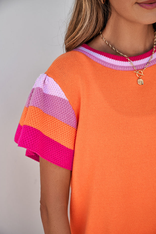 Carrot Contrast Flutter Sleeves Knitted Sweater T Shirt