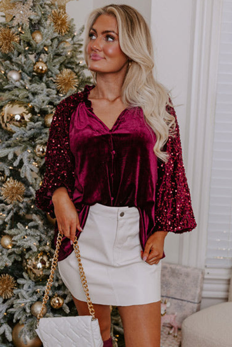 Red Dahlia Sequin Patchwork Sleeve Button Up Velvet Top