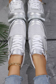 Gold PU Leather Patchwork Zipper Lace-up Sneakers