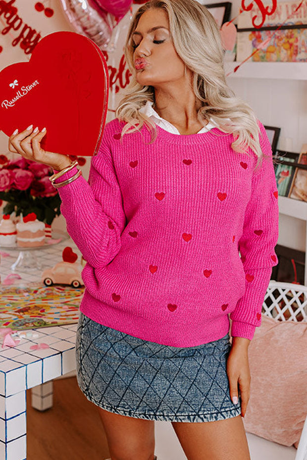 Rose Red Heart Shape Drop Shoulder Round Neck Sweater