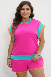 Rose Red Colorblock Patchwork Cap Sleeve Top Plus Size Shorts Set