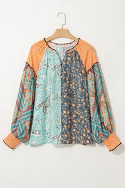 Green Floral Patchwork Lantern Sleeve Buttoned V Neck Plus Size Blouse