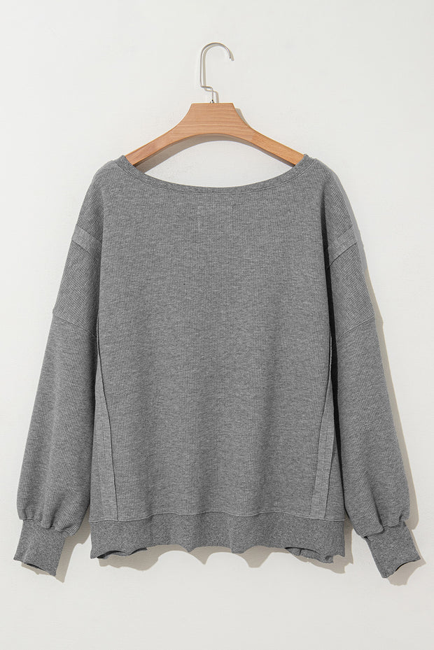 Gray Waffle knit Bishop Sleeve Split Oversized Top